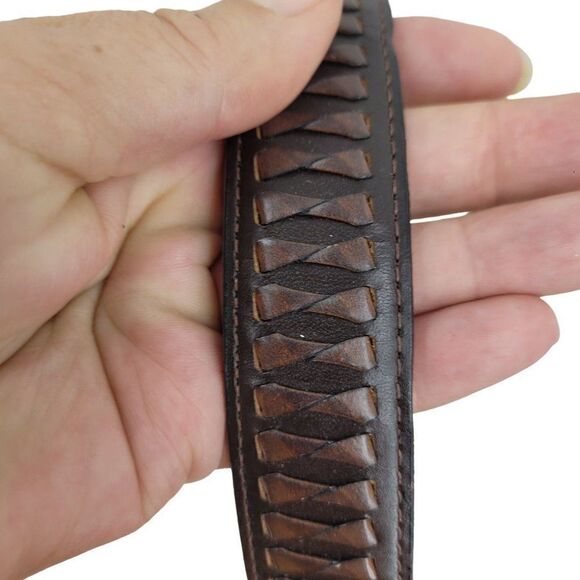 Mens Leather Belt 36 Brown Woven Detail Gold Metal Rectangular Buckle Western - Picture 2 of 11